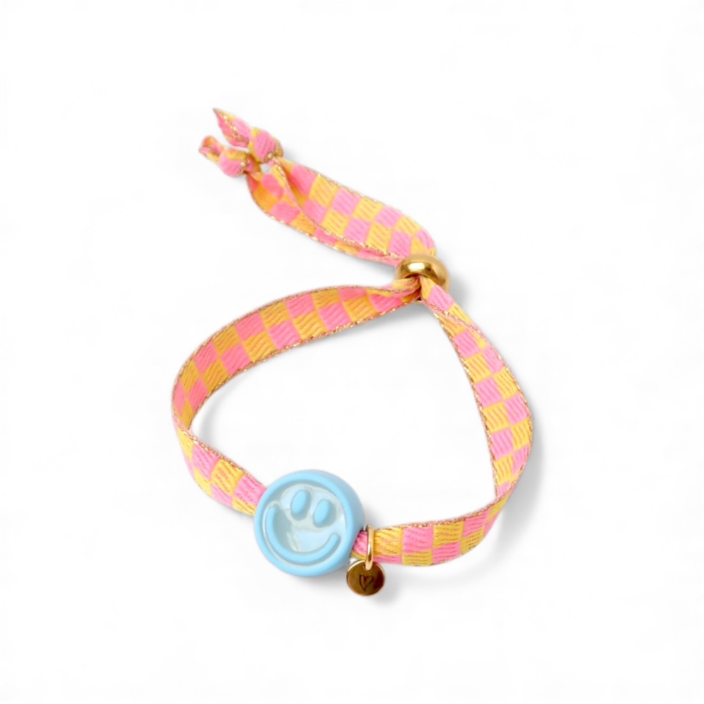 Bracelet | Happy smiley2.0 blue checked pink