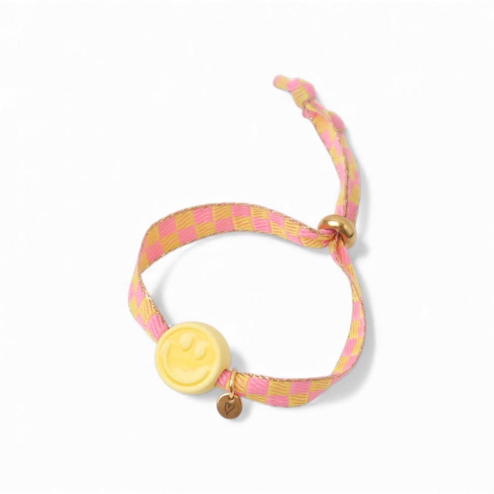 Bracelet | Happy smiley2.0 yellow checked pink